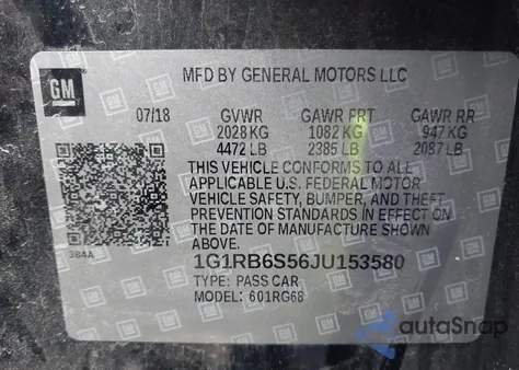 2018 Chevrolet Volt Premier z USA, uszkodzony, nr VIN 1G1RB6S56JU153580